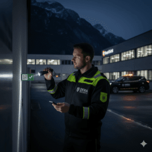 Sicherheitsdienst bei der Außenkontrolle – DERA SECURITY Mitarbeiter führt Revierkontrolle am Gebäude durch